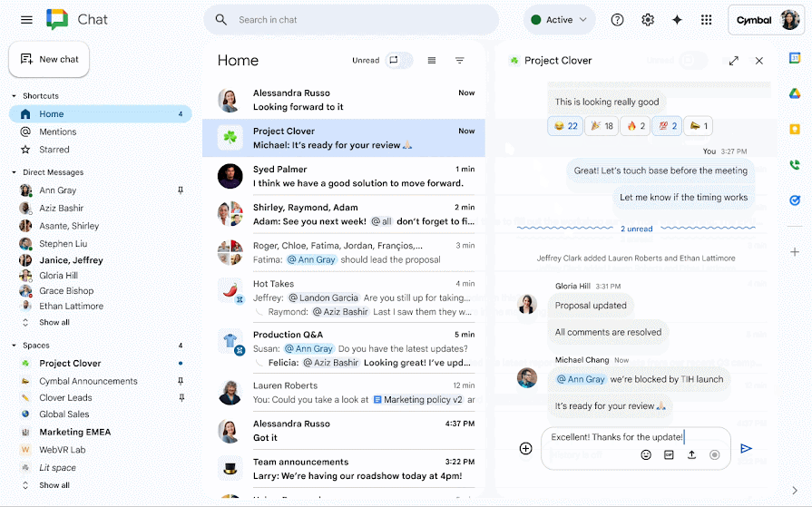 Google Chat conversation with the message box and blue Send arrow at the bottom.