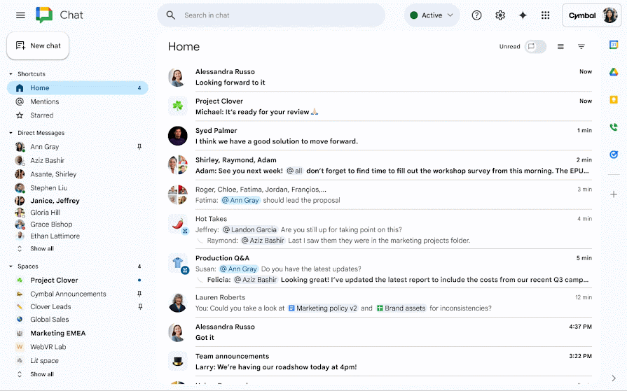 Google Chat home screen with the Spaces list shown on the left.