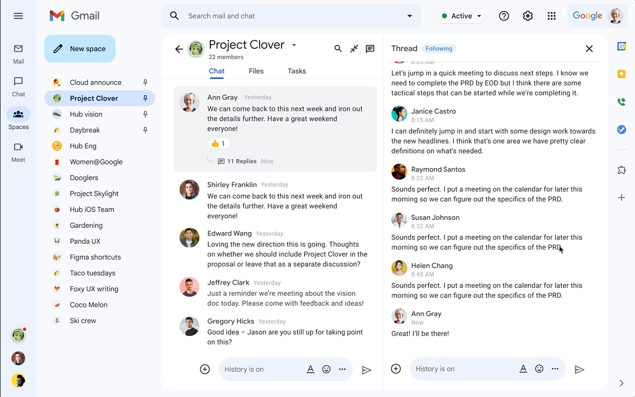 Google Chat space with an existing message on the left and its reply thread open on the right.