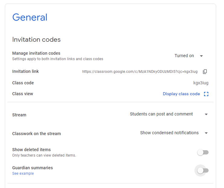 Guardian summaries setting in Google Classroom.