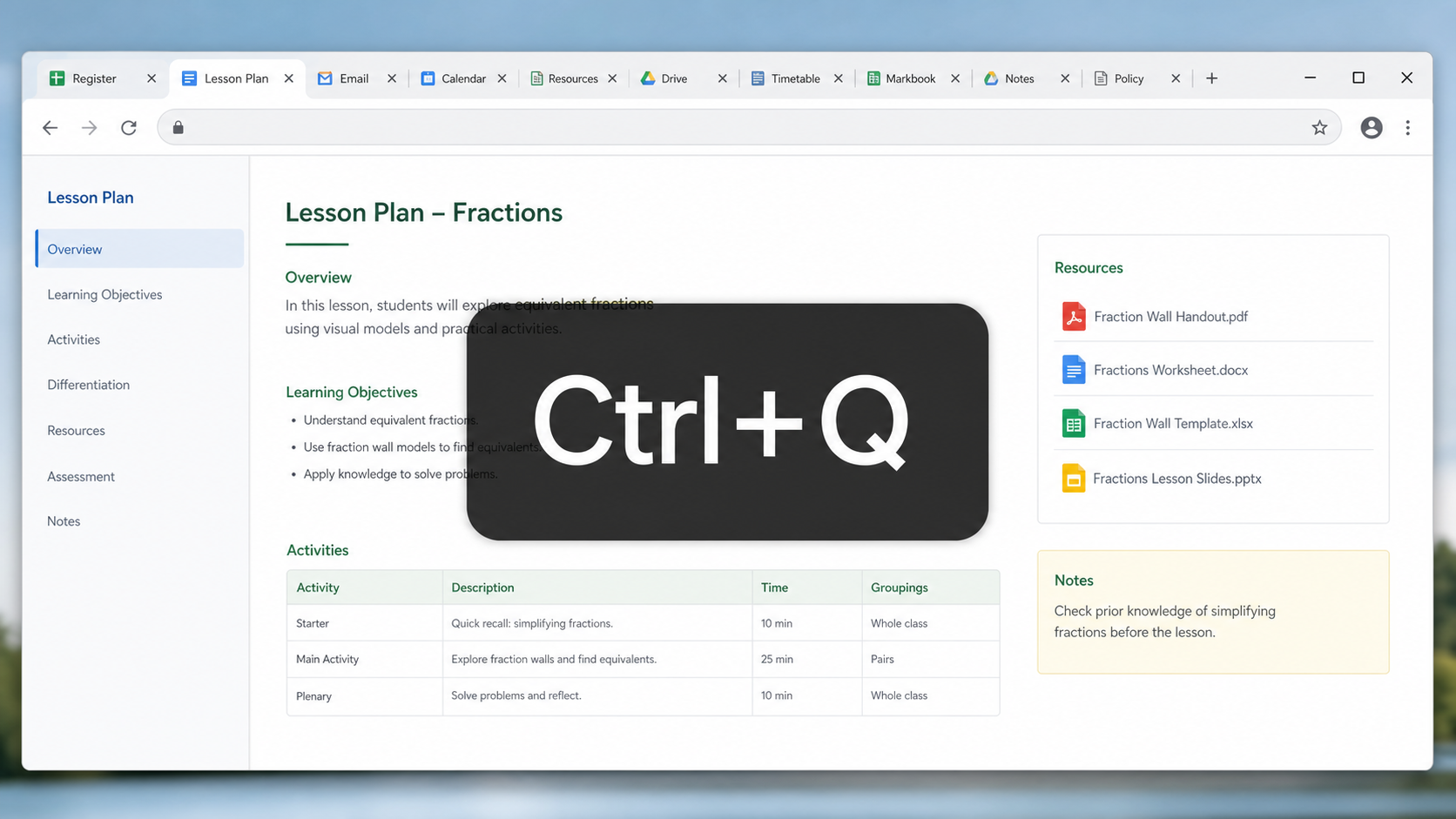 Chrome browser with multiple school work tabs and a Ctrl+Q shortcut overlay.